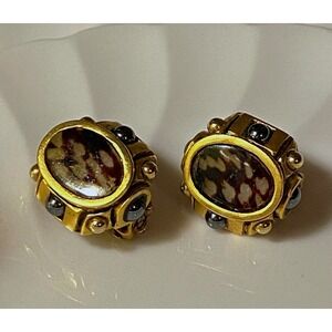 Vintage Gold Tone Enamel Cabochon Clip On Earrings‎ Baroque Statement Jewelry